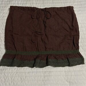 Venus Women's Solid Brown Linen Drawstring Waist Crochet Hem Skirt Small